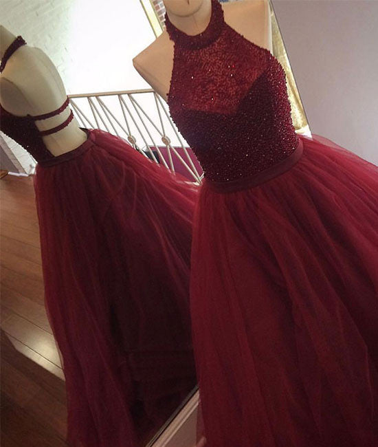 burgundy tulle sequin long prom dress ...